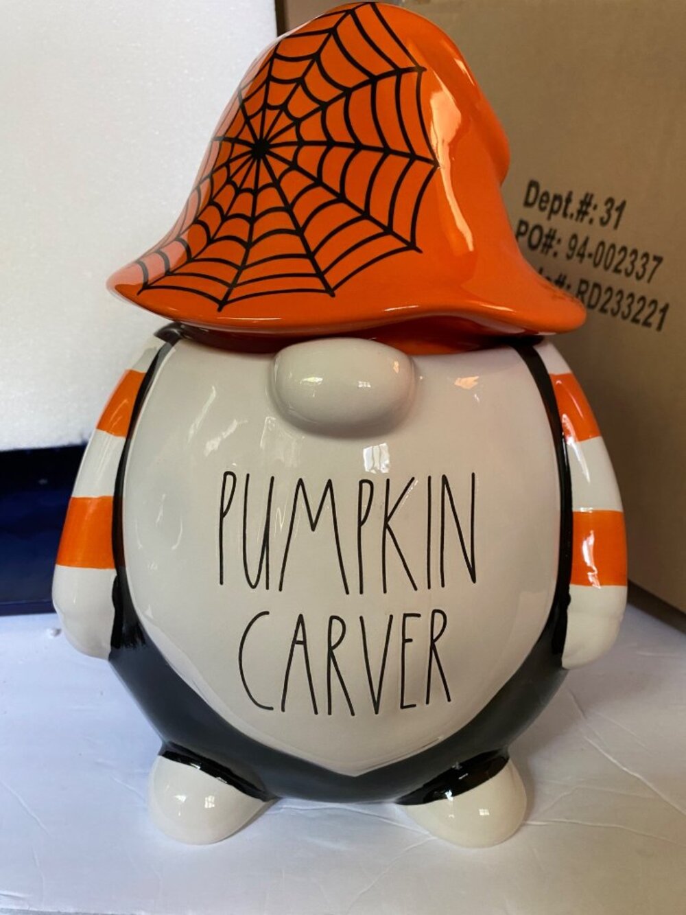 Rae Dunn 11" Halloween Pumpkin Carver Gnome Cookie Jar Canister Tabletop Decor